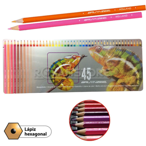 Lápiz Bruynzeel Set de 45 Colores Hexagonales en Caja Metálica