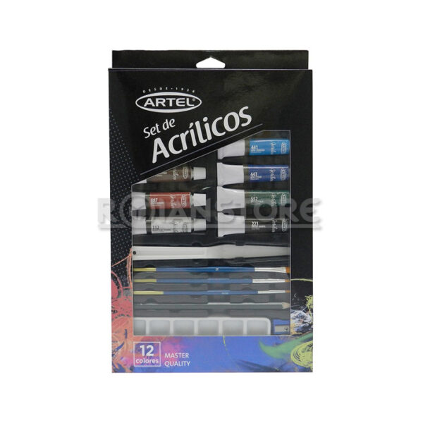 Pintura Artel Acrilico Set de 12 Colores 12 Ml Con Accesorios