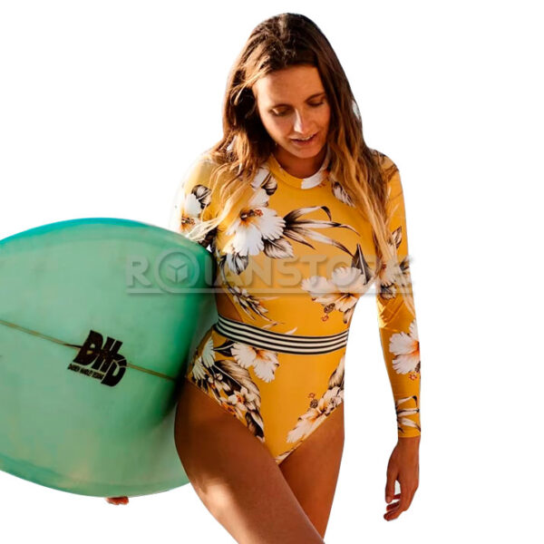Traje Baño Deportivo Lycra Manga Larga Amarillo Flores S