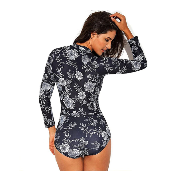 Traje Baño Deportivo lycra Manga Larga Negro con Flores S