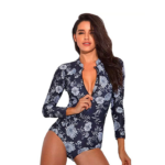 Traje Baño Deportivo lycra Manga Larga Negro con Flores S - Imagen 3